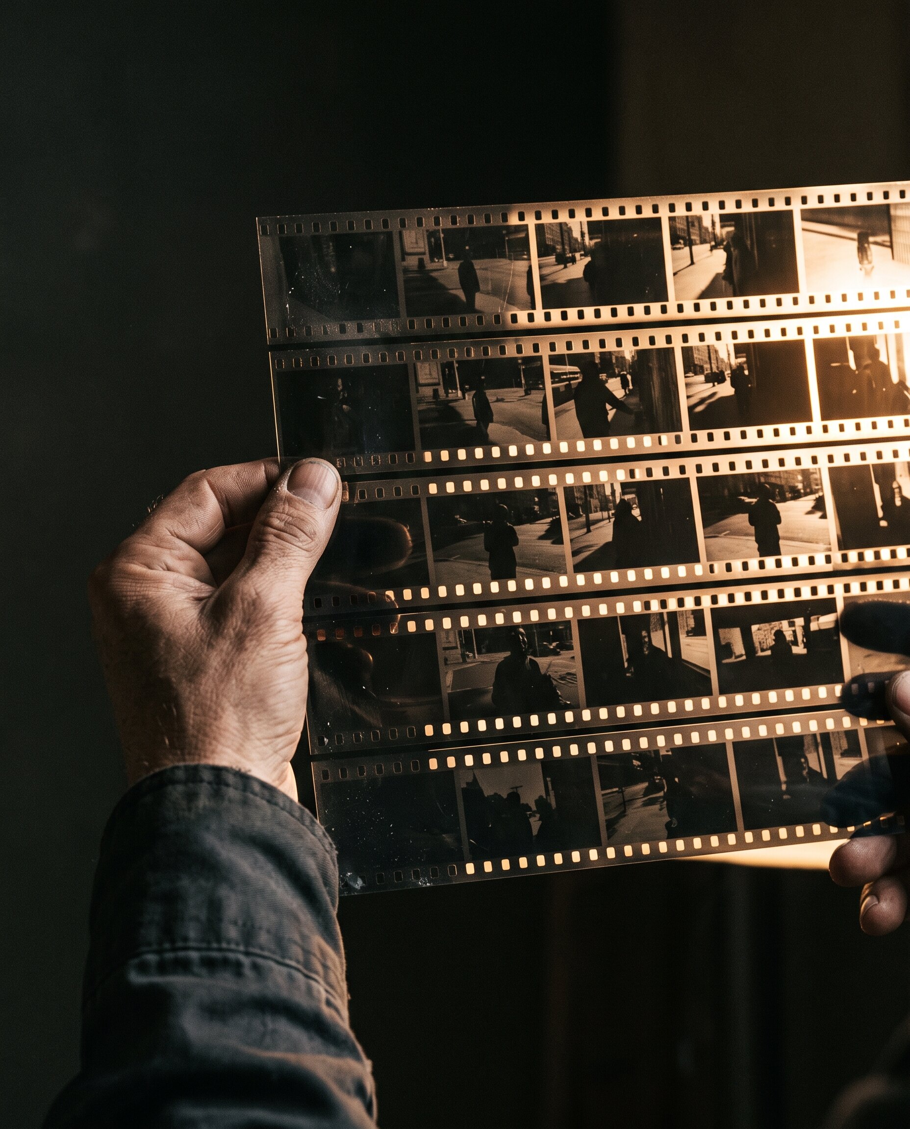 Hands holding a contact sheet against a raking light