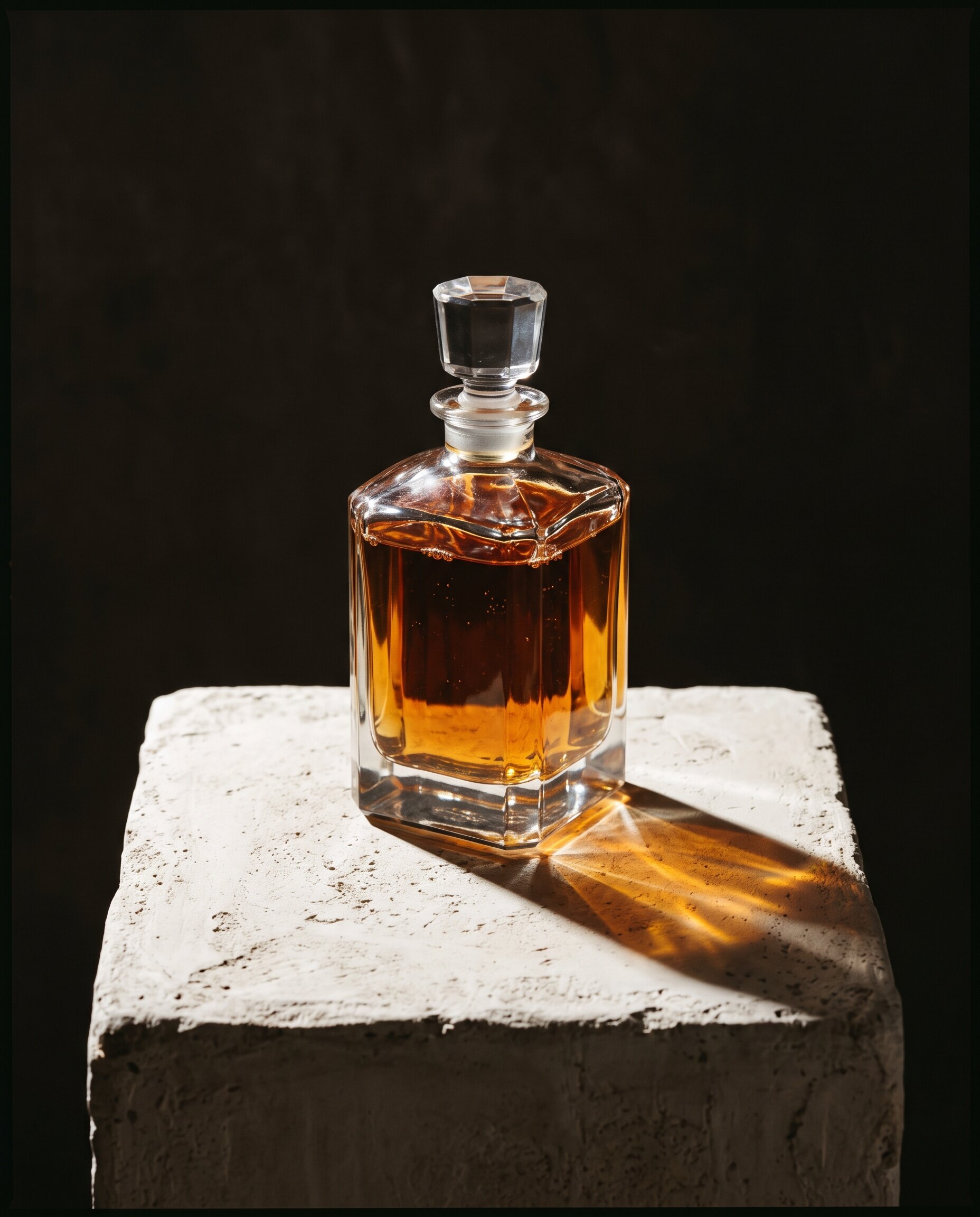 Faceted glass bottle on plaster, warm caustic light