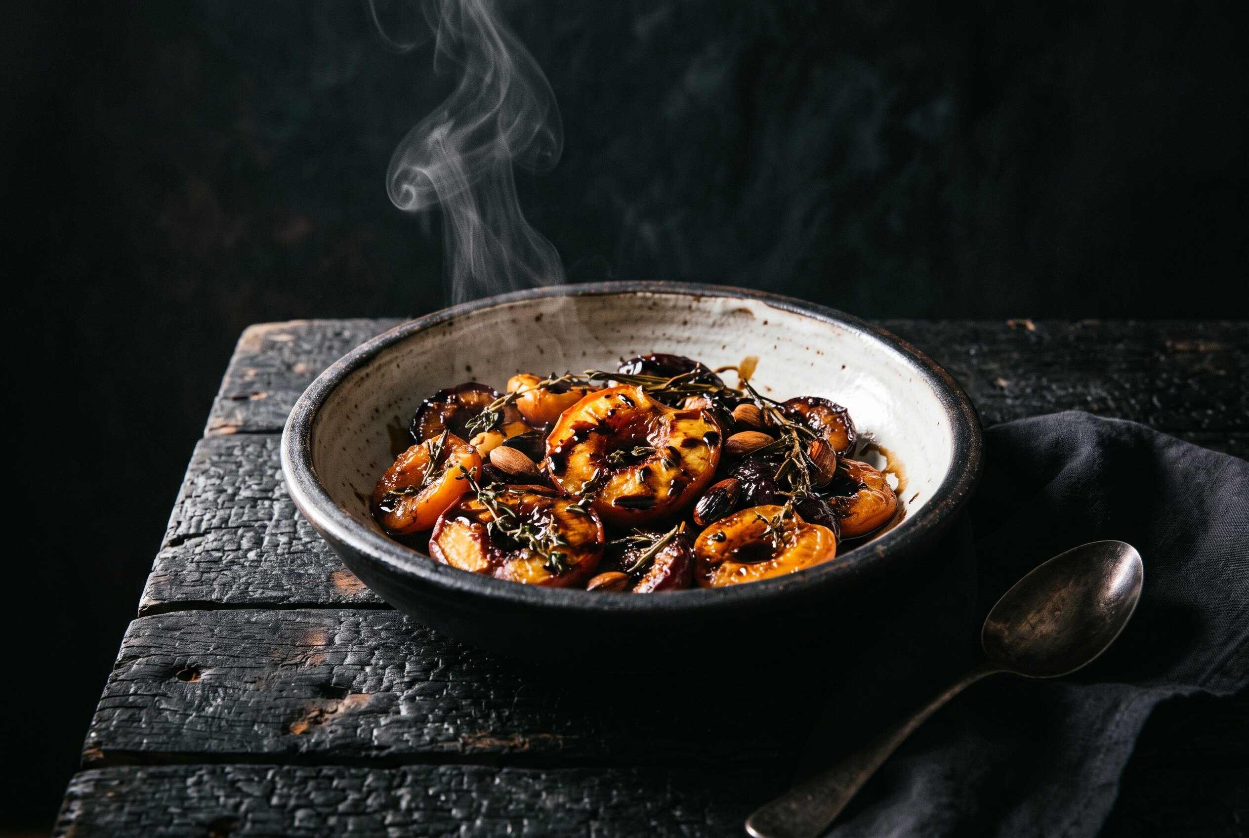 Ceramic bowl of roasted stone fruit on a scorched table