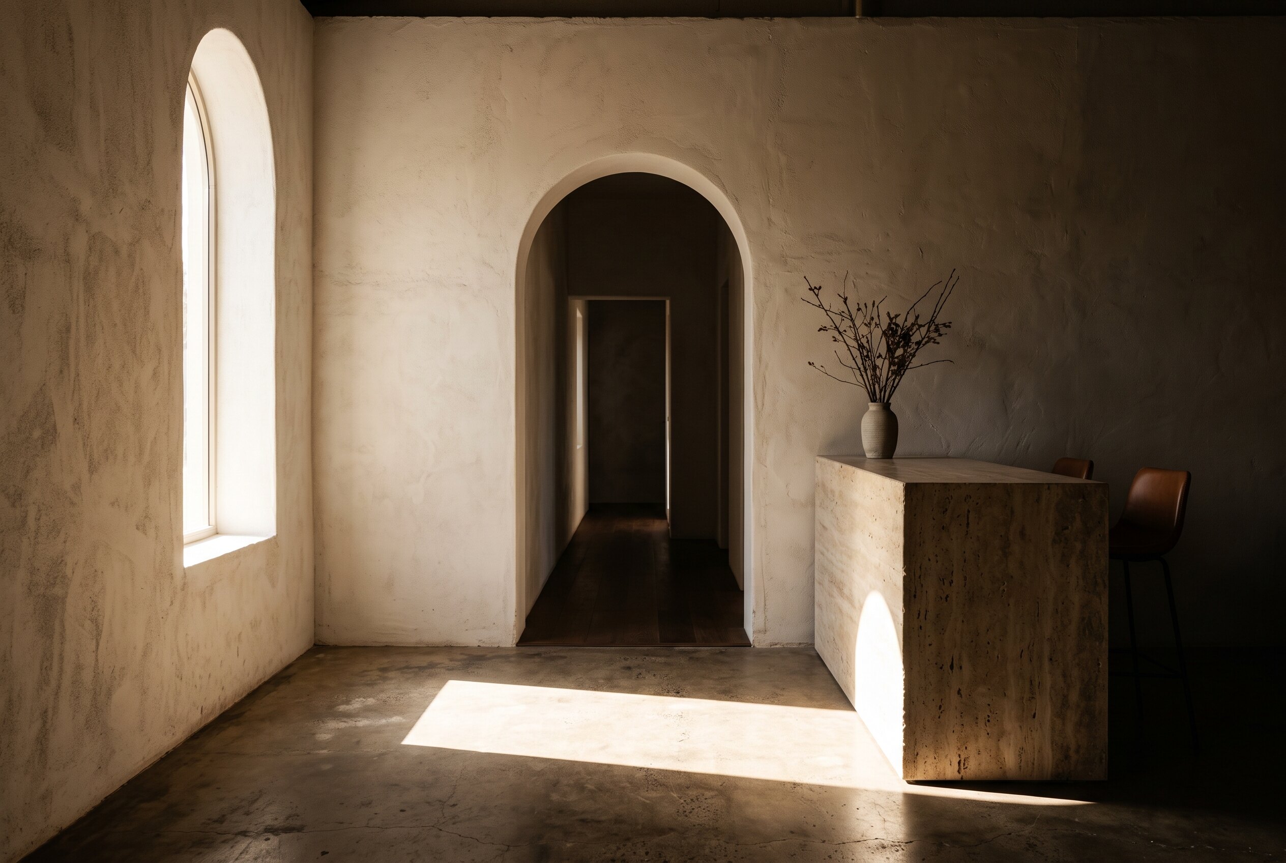 Plaster interior with a sharp geometric shape of sunlight