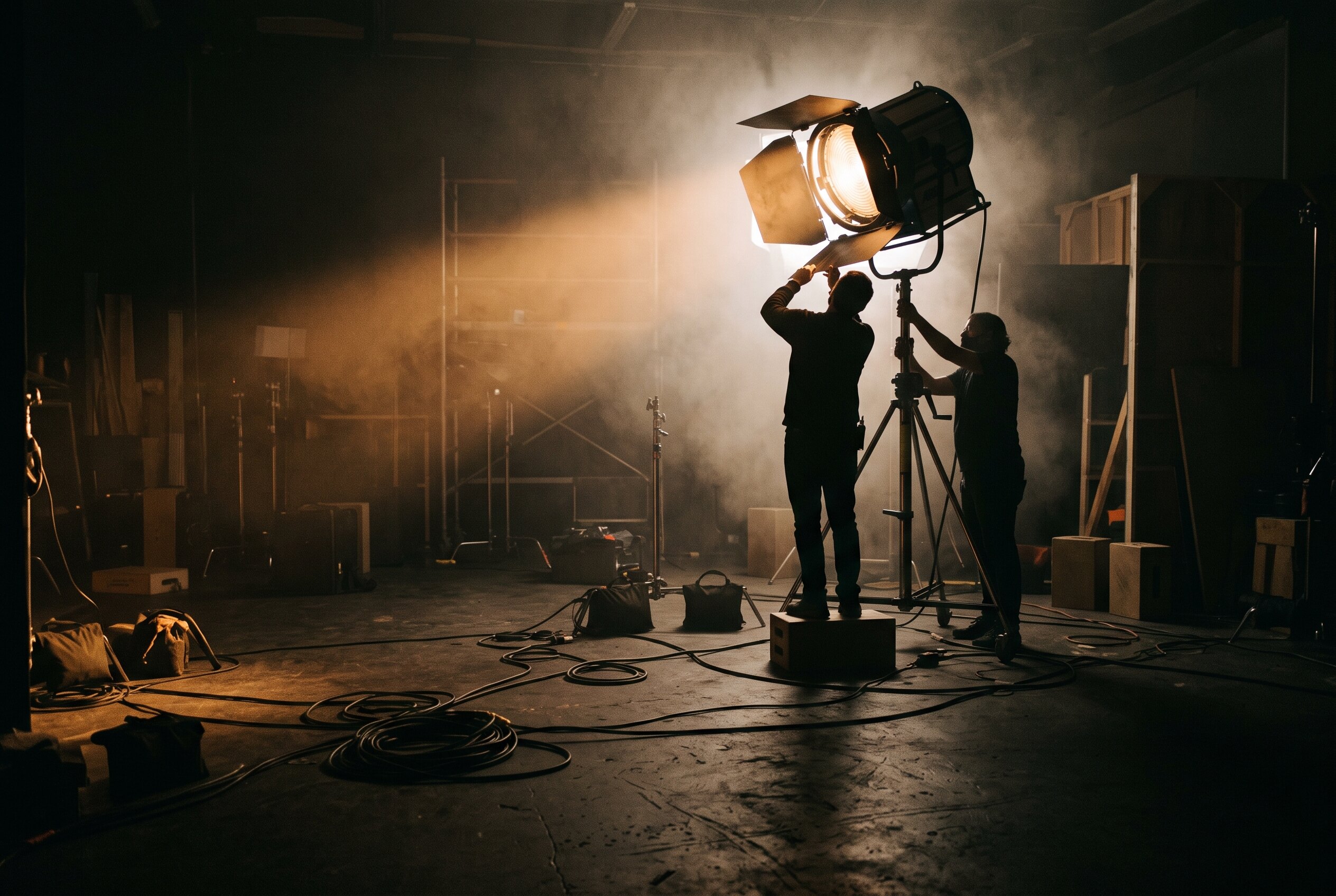 Crew silhouetted against a fresnel light, haze in the beam